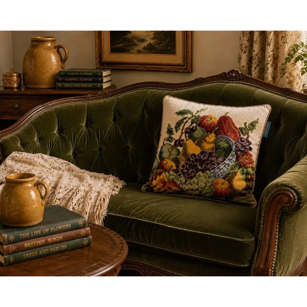 Vintage Williamsburg Needlepoint Pillow Fruit Basket Tapestry Cottage Decor 13”